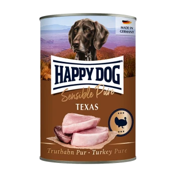 Dosenfutter für Hunde mit der Aufschrift "Happy Dog Sensible Pure Texas", das Truthahnfleisch enthält, mit einer malerischen Kulisse und einem Hundebild.