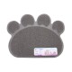 Graue, pfotenförmige Haustiermatte mit strukturierter Oberfläche, mit einem Etikett mit Produktdetails und Bildern von Katzen und Hunden.