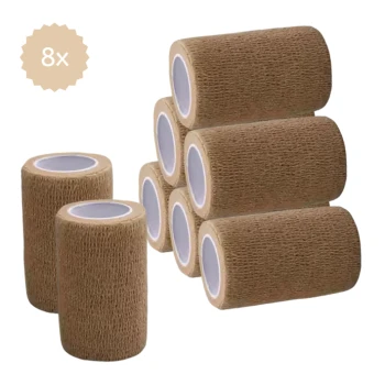 Acht Rollen brauner selbstklebender Verbandbinde, die in einer pyramidenförmigen Anordnung gestapelt sind, mit einem Etikett, das "8x" in der oberen linken Ecke angibt.