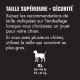 Panneau noir avec avertissement en français 'TAILLE SUPÉRIEURE = SÉCURITÉ', instructions de taille, silhouette de chien et 'XL 60–90 lb 27–41 kg'