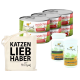 Eine Sammlung von Haustierprodukten: vier Dosen insektengestütztes Katzenfutter, eine "KATZEN LIEB HABER" Tragetasche und zwei Gläser mit Nahrungsergänzungsmitteln.