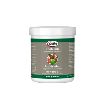 Behälter von Quiko Knöterich, ein Produkt zur Pigmentierung von horntragenden Tieren, mit bunten Illustrationen von Vögeln und Text in mehreren Sprachen.