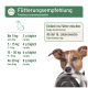 Hunde-Fütterungstabelle: Tägliche Dosierung nach Gewicht - bis zu 5 kg: 2 g, 5-15 kg: 4 g, 15-30 kg: 6 g, über 30 kg: 8 g. Ab 16 Wochen ins Futter mischen.