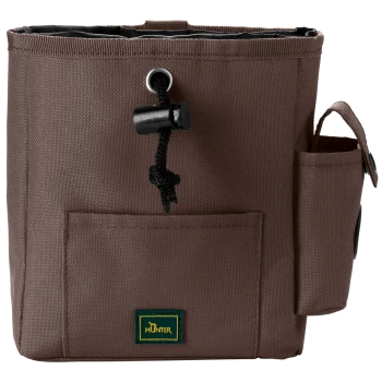 Braune Leckerlitasche für Haustiere mit einem Kordelzugverschluss, Fronttasche und Seitenfach, mit einem grünen und gelben 'HUNTER'-Logo.