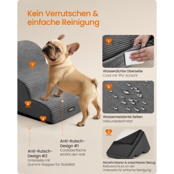 Französische Bulldogge steht auf einer grauen, rutschfesten, wasserdichten Haustiertreppe mit Reinigungs- und Designmerkmalen in deutschem Text.