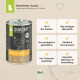 Liebesgut Nassfutter Junior Dose — Bio‑Huhn Welpenfutter mit Hühnerskizze, BIO‑Siegel und Text '100% Bio‑Zutaten'.