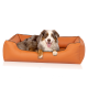 Ein glücklicher Australian Shepherd Hund liegt in einem gemütlichen orangefarbenen Haustierbett mit schwarzem Rand und zeigt sein verspieltes Wesen.