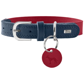 Blaues Lederhalsband mit rotem Innenfutter, silberner Schnalle und Ring, rotem rundem Anhänger mit geprägter Hundesilhouette und HUNTER-Logo.
