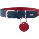 Blaues Lederhalsband mit rotem Innenfutter, silberner Schnalle und Ring, rotem rundem Anhänger mit geprägter Hundesilhouette und HUNTER-Logo.