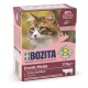Verpackung für Katzenfutter mit einer Nahaufnahme einer Katze, beschriftet "Bozita Fresh Menu mit Weide-Rindfleisch," das 89% tierische Zutaten hervorhebt.