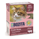 Verpackung für Katzenfutter mit einer Nahaufnahme einer Katze, beschriftet "Bozita Fresh Menu mit Weide-Rindfleisch," das 89% tierische Zutaten hervorhebt.