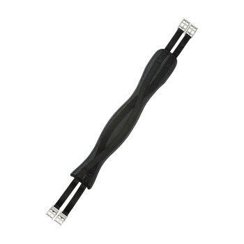 Schwarzer Pferdegurt mit gepolstertem Design und Metall-Schnallen an beiden Enden, vor einem weißen Hintergrund präsentiert.