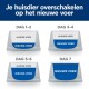 Diagram van een 7-daags overgangsplan voor huisdiervoeding met gelabelde secties voor elke dag, met 'HUIDIGE VOER' en 'NIEUWE VOER'.