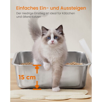 Flauschiges blauäugiges Kätzchen steigt aus niedriger Edelstahlsandkiste auf Matte; sichtbarer oranger Text ‚Einfaches Ein- und Aussteigen‘ und ‚15 cm‘