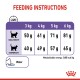 Chart showing daily cat food amounts by weight (3-6 kg) for ideal and overweight, with water icon and energy info.