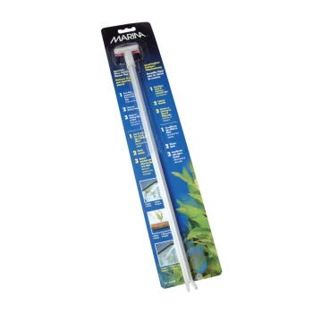 Skrobak do glonów do akwarium Marina z długim uchwytem, z instrukcjami na opakowaniu dotyczącymi skutecznego użycia.