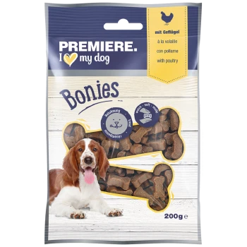 Premiera przysmaków dla psów 'I love my dog Bonies', opakowanie 200g, zawierające miękkie, drobiowe przekąski w kształcie kości.