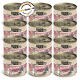 Ein Stapel von zwölf Dosen DOGS'n'TIGER Haustierfutter, beschriftet mit "ALLERLIEBST," mit einem pinken Design und Bildern einer Katze und eines Hundes.