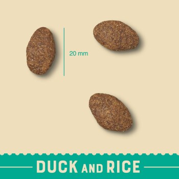 Three oval pet food pieces on a beige background, with a 20 mm measurement line and "DUCK and RICE" text below.