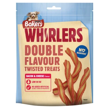 Bakers Whirlers Double Flavour Twisted Treats packaging featuring bacon and cheese flavor, labeled as low in fat and no rawhide.