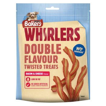 Bakers Whirlers Double Flavour Twisted Treats packaging featuring bacon and cheese flavor, labeled as low in fat and no rawhide.