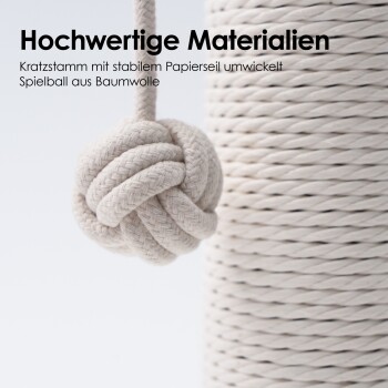 Kratzbaum für Katzen, umwickelt mit robustem Papierseil, mit einem daran befestigten Baumwollballspielzeug; der Text lautet "Hochwertige Materialien."