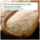Flohsamenschalen in einem Holzlöffel, beschriftet auf Deutsch und Englisch: "100% naturbelassene, reine Flohsamenschalen" und "100% natural & pure."
