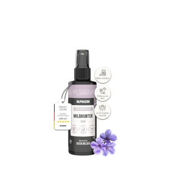 Flasche mit ALPHAZOO Force MILBHUNTER Milbenabwehrspray für Hunde und Katzen, mit Illustrationen von Haustieren, Produktbewertungen und wichtigen Vorteilen.