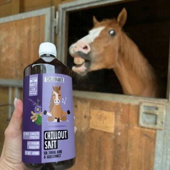 Eine Flasche "Chillout Saft" von der Marke "Tierliebhaber," mit einem rosa Etikett, das Tierikonen und ein Herzdesign zeigt.