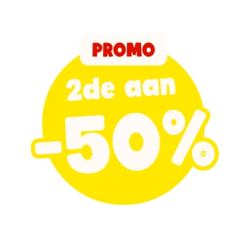 Gele promo-badge met rood 'PROMO'-label en witte tekst '2de aan -50%'