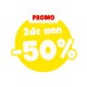 Gele promo-badge met rood 'PROMO'-label en witte tekst '2de aan -50%'