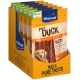 Vitakraft reine Entenfilets in recycelbarer Verpackung, mit Entenstreifen und dem Text "100% PURE TASTE", geeignet für Haustiere.