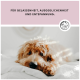 Ein entspannter goldener Hund, der auf einem weißen Bett liegt, mit dem Text "FÜR GELASSENHEIT, AUSGEGLICHENHEIT UND ENTSPANNUNG." darüber.