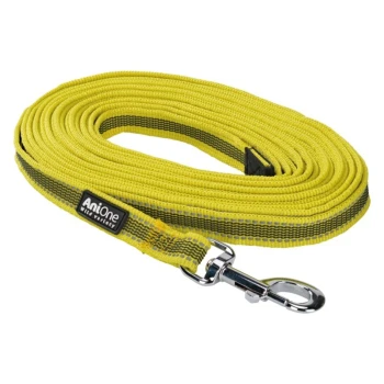 Gele hondenriem met een zwarte streep, met een metalen clip voor bevestiging, netjes opgerold op een witte achtergrond.