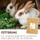 Zwei weiße und braune Kaninchen, die grüne Pflanzen fressen, mit einer Packung Supravit Hafer und deutschem Text über die Fütterung.