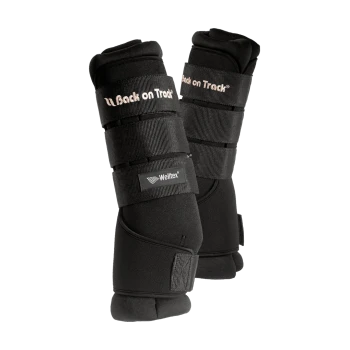 Schwarze Pferdebeinschoner mit verstellbaren Riemen, mit den Logos 'Back on Track' und 'Welltex' deutlich sichtbar.