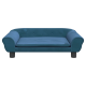 Blaues Haustiersofa mit abgerundeten Armen und einem plüschigen Kissen, mit Knopfdetails und schwarzen Beinen, entworfen für kleine Hunde oder Katzen.