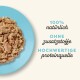 Ein blauer Teller mit zerkleinertem Fleisch, beschriftet mit "100% natürlich," "OHNE Zusatzstoffe," und "HOCHWERTIGE Proteinquelle."