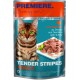 Hondenvoer verpakking met een Bengaalse kat met felgroene ogen, met de tekst "PREMIERE. Ik hou van mijn kat" en "TENDER STRIPES ADULT" met kalkoen.