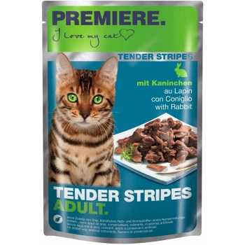 Kattenvoer verpakking met een Bengaalse kat met felgroene ogen, gelabeld 'Premiere. I love my cat' en 'Tender Stripes with Rabbit.'