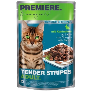 Emballage de nourriture pour chats présentant un chat Bengal avec des yeux verts brillants, étiqueté 'Premiere. I love my cat' et 'Tender Stripes with Rabbit.'