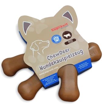 Braunes Hundekauspielzeug in Form eines Knochens mit drei abgerundeten Enden, mit dem Markennamen "Superavit" auf der Seite geprägt.