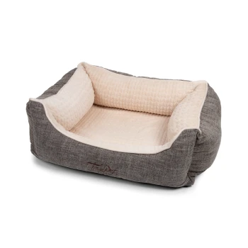 VitaBed Classic orthopädisches Hundebett beige XL Graues Haustierbett mit einem plüschigen cremefarbenen Innenraum und erhöhten Seiten, mit dem Text "TruePet" auf der Vorderseite gestickt.
