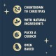 24 days countdown to Christmas with natural ingredients, packs a crunch, oven baked, festive icons on dark blue background.