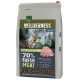 Sac de nourriture pour chat étiqueté "Wilderness Adult" présentant un chat tigré, avec 70 % de viande fraîche, 30 % de légumes et 0 % de céréales ajoutées.