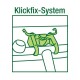 Zielona ilustracja liniowa klipsa montażowego na kierownicę roweru systemu Klickfix z ikoną kuli i widocznym napisem 'Klickfix-System'.