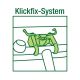 Groene lijntekening van een Klickfix-System fietsstuurbevestigingsklem met een bolpictogram en zichtbare tekst "Klickfix-System".