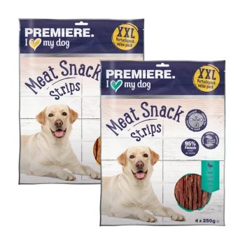 Deux paquets de bandes de viande "Premiere. I love my dog", avec une image de chien, étiquetés comme un pack économique avec 95 % de contenu en viande.