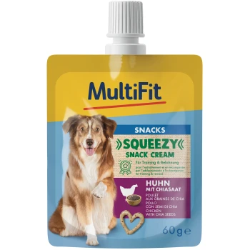 MultiFit Squeezy Snack Cream pouch for dogs, chicken with chia seeds, 60 g, shows happy dog and heart-shaped treat.