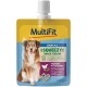 MultiFit Squeezy Snack Cream pouch for dogs, chicken with chia seeds, 60 g, shows happy dog and heart-shaped treat.